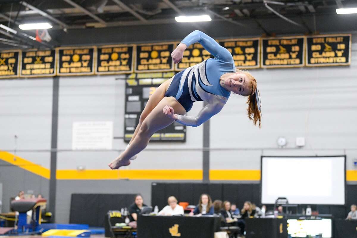 Wilton High’s Sarah Collias competes in the Floor Exercise during the CIAC Class M Gymnastics Championship at Jonathan Law, Saturday, February 29, 2020. (File Photo)