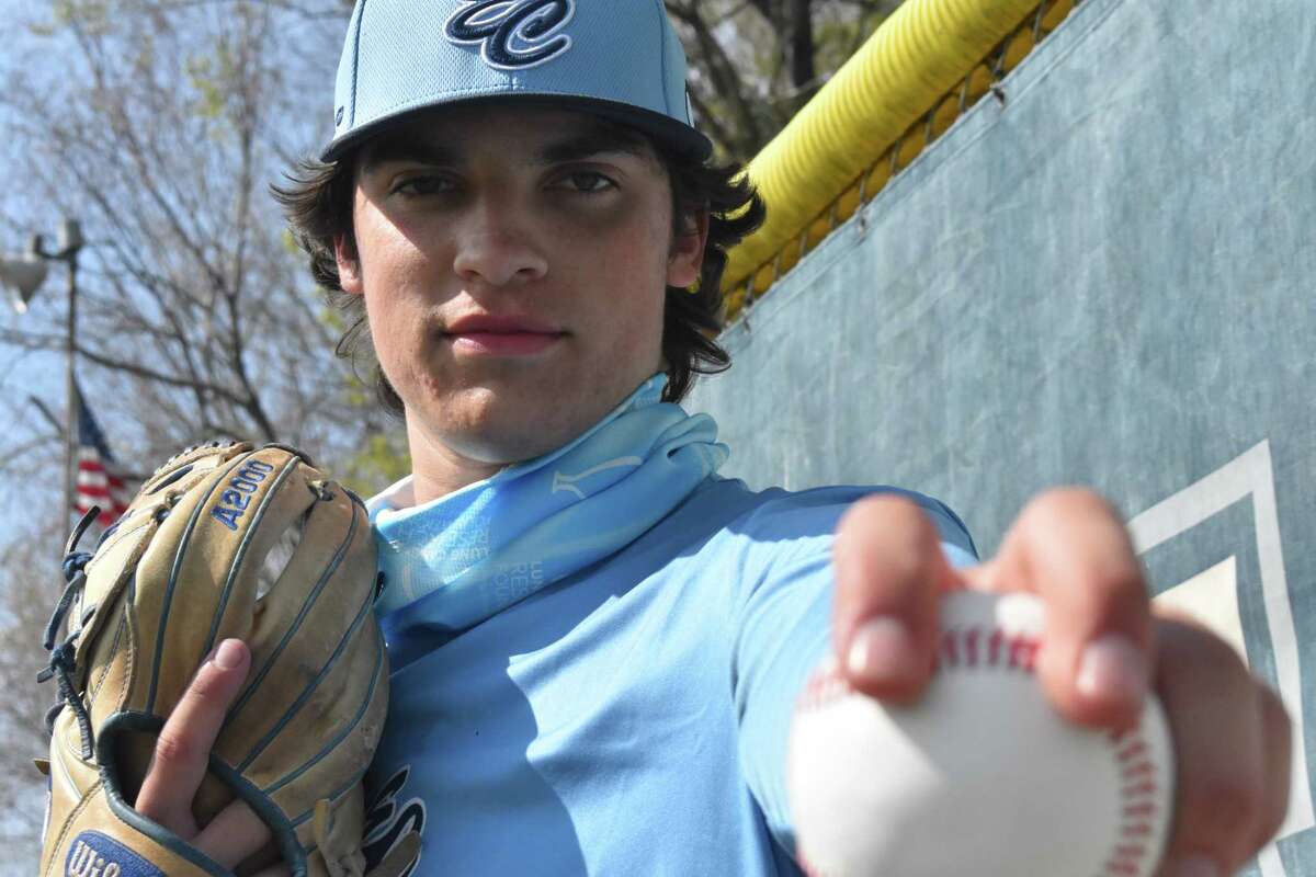 East Catholic pitcher Frank Mozzicato is one of the best pitchers in the state this season. He is committed to play at UConn and has had close to two dozen scouts at his starts this season. Mozzicato poses during practice at East Catholic high school in Manchester on Tuesday, April 27, 2021.