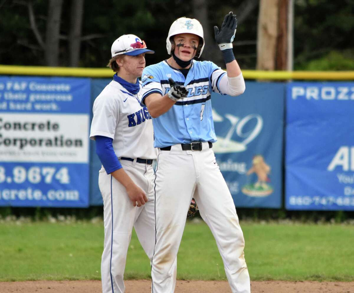 East Catholic's Hank Penders celebrates after reaching second base during the East Catholic vs. Southington baseball game at Southington high school on Monday, May 10, 2021. (Pete Paguaga/Hearst Connecticut Media)