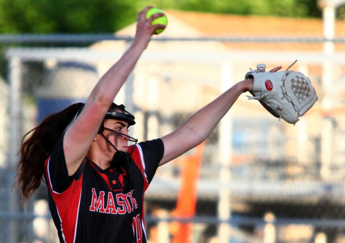 Masuk’s Kathryn Gallant pitches against Notre Dame of Fairfield during SWC championship girls softball game action at DeLuca Field in Stratford, Conn., on Thursday May 27, 2021.