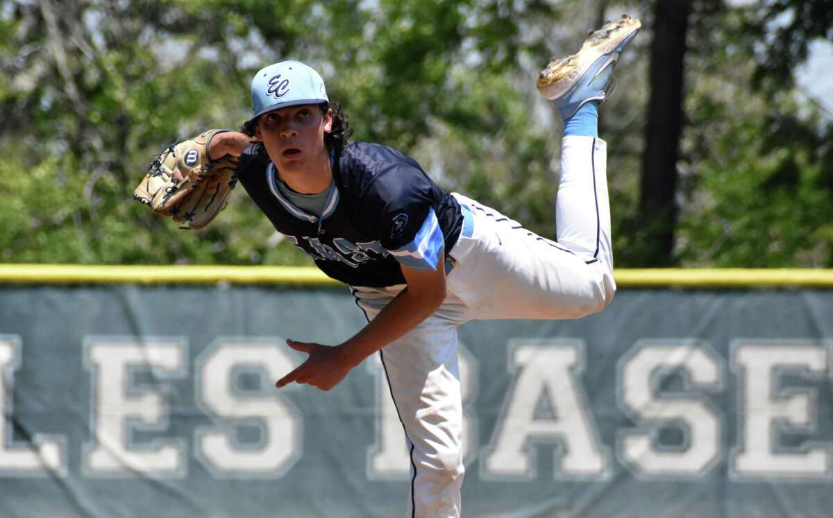 East Catholic's Frank Mozzicato pitches during the Class M baseball quarterfinals between East Catholic and Weston at Penders Field at East Catholic high school, Manchester on Saturday, June 5, 2021. (Pete Paguaga, Hearst Connecticut Media)