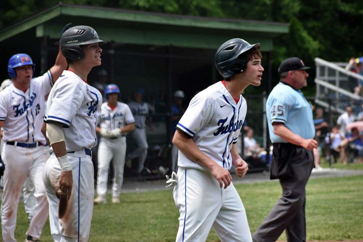 St. Paul celebrates after scoring runs against Immaculate during the Class S baseball semifinals at Sage Park, Berlin on Tuesday, June 8, 2021. (Pete Paguaga, Hearst Connecticut Media)