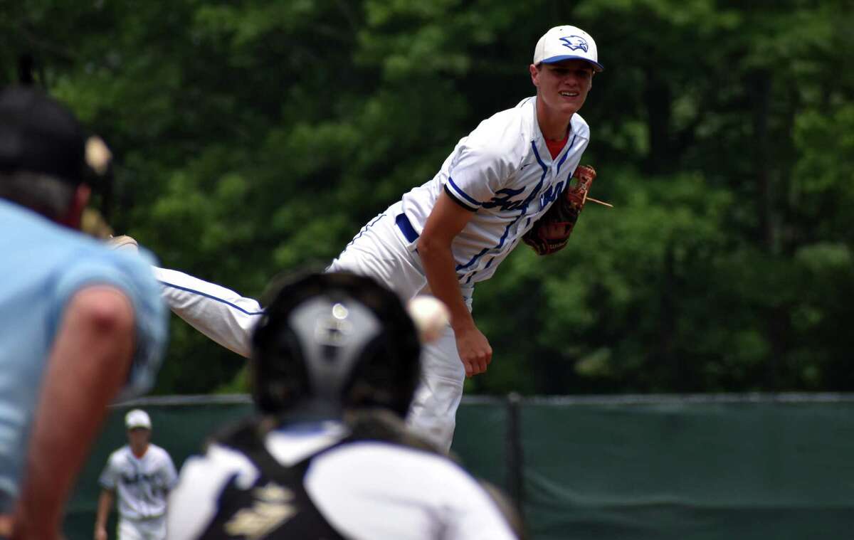 St. Paul's Owen Davies pitches during the Class S baseball semifinals at Sage Park, Berlin on Tuesday, June 8, 2021. (Pete Paguaga, Hearst Connecticut Media)