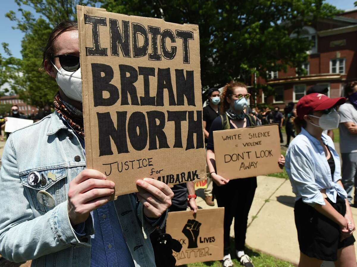 West Haven, Connecticut - Saturday, June 6, 2020: Approximately 675 demonstrators rallied Saturday afternoon on the West Haven Green and marched to the West Haven Police Department protesting police brutality including the death of Mubarak Soulemane of New Haven who was fatally shot by Connecticut StateTrooper Brian North just off Interstate 95?•s Exit 43 in West Haven on January 15, 2020. Soulemane allegedly had carjacked a driver in Norwalk following an alleged incident with a knife at a store there, then fled from police at high rates of speed along the highway.