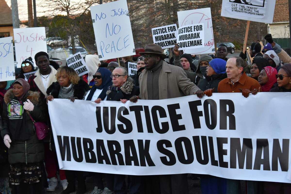 Family, friends and supporters of Mubarak Soulemane, shot and killed by state police Jan. 15, rallied for justice Friday in West Haven.
