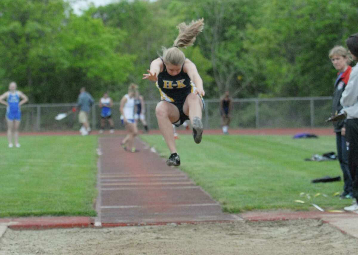 H-K sophomore Megan Toman competes during the Shoreline track finals Wednesday at Westbrook. Photo by Jimmy Zanor – Middletown Press