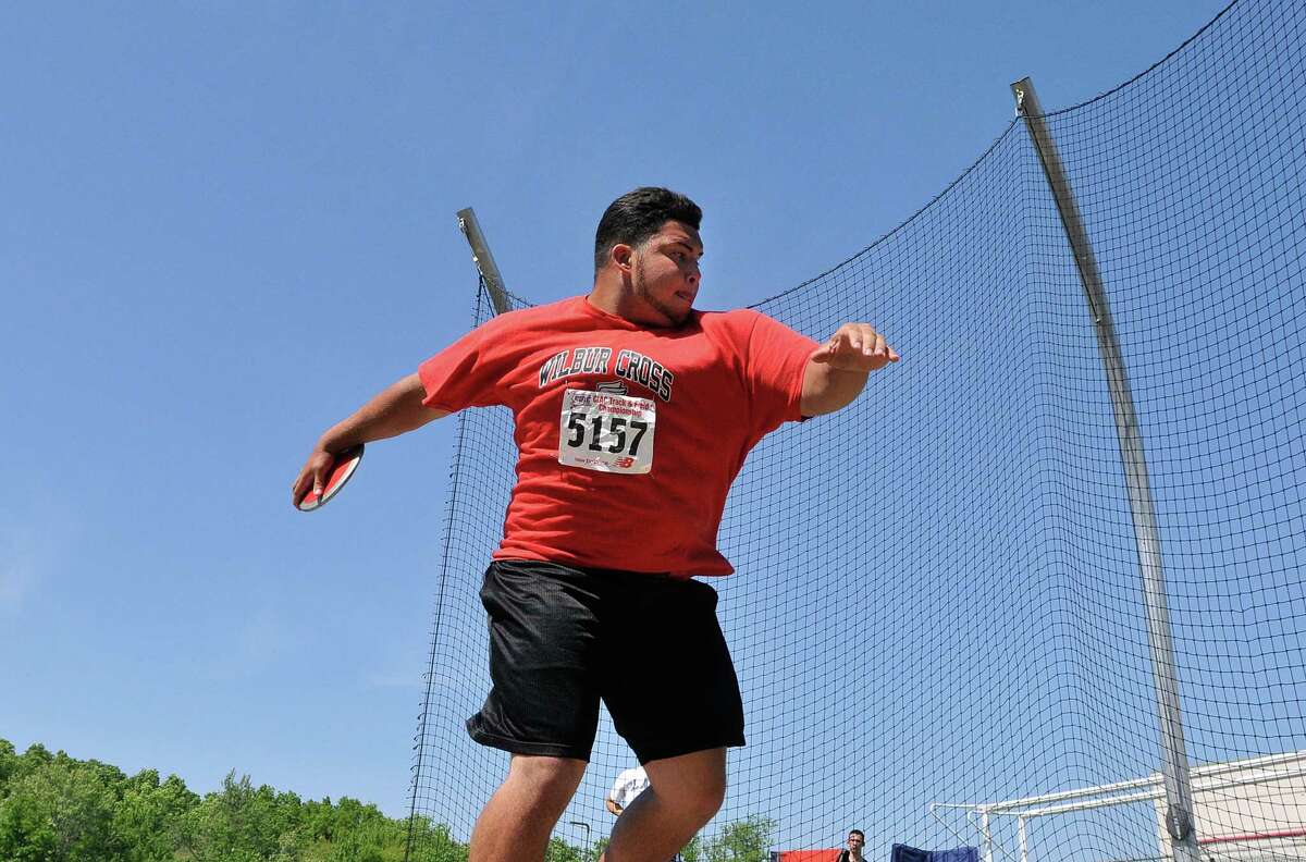 (Peter Casolino-New Haven Register) Wilbur Cross’ Bruce Styles finished second in the discus at the Class L Championship meet in Middletown.