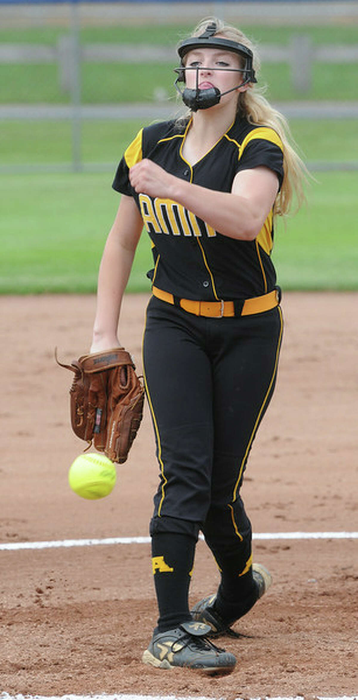 Katie Koshes pitches for Amity in the Class LL semifinals. She struck out 16 (Mara Lavitt — New Haven Register)