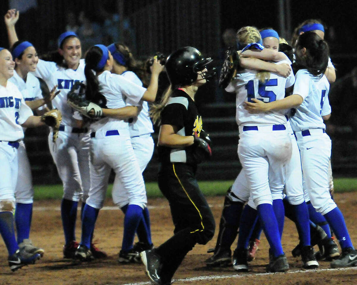 Southington celebrates after the final out in its 8-0 victory over Hand in the Class LL state semifinals.
