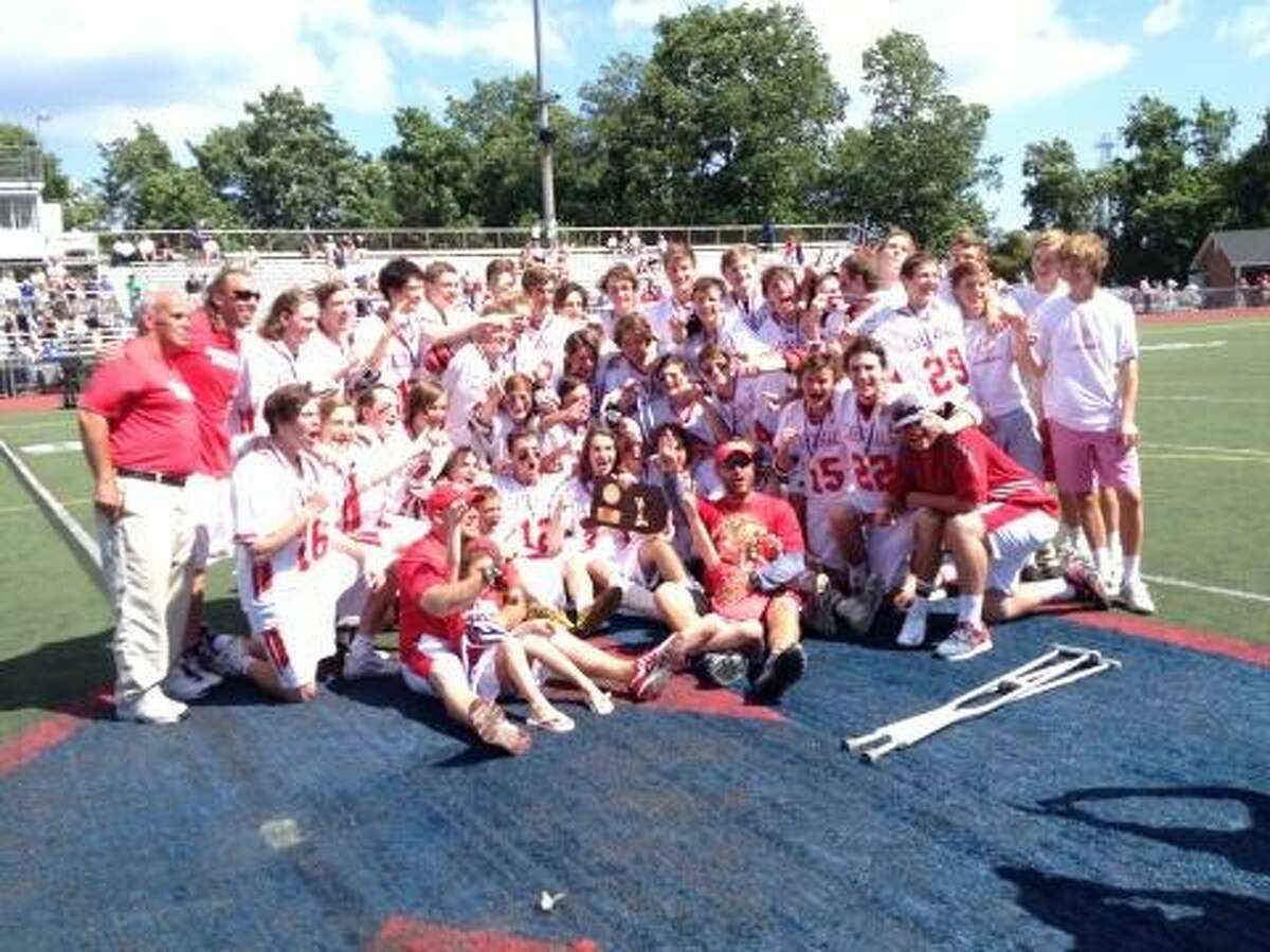 Greenwich’s boys lacrosse team after winning its first state championship, 13-10 over Staples (Photo Dan Nowak)