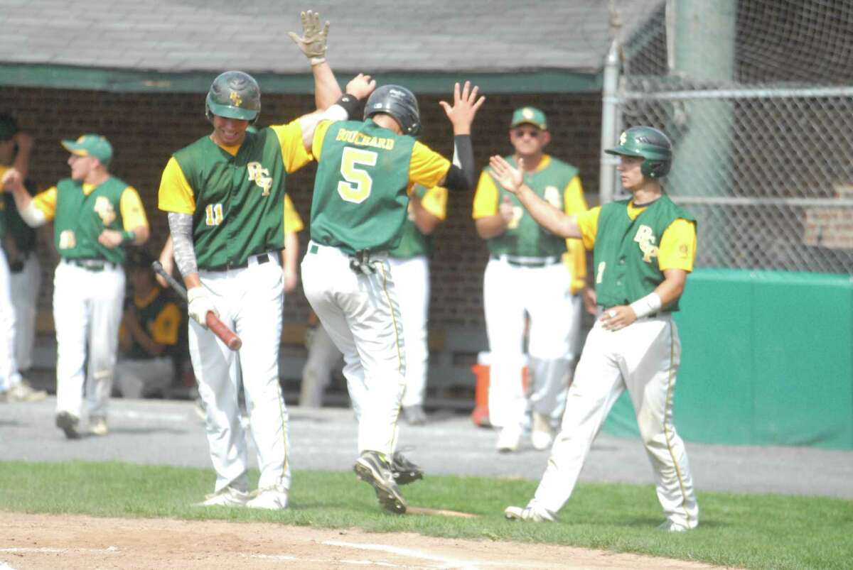Chris Bouchard (5) scores on Alex Ramirez’ two-run single in the first as RCP takes the lead against Waterford on Saturday at Muzzy Field. Photo by Jimmy Zanor – Middletown Press