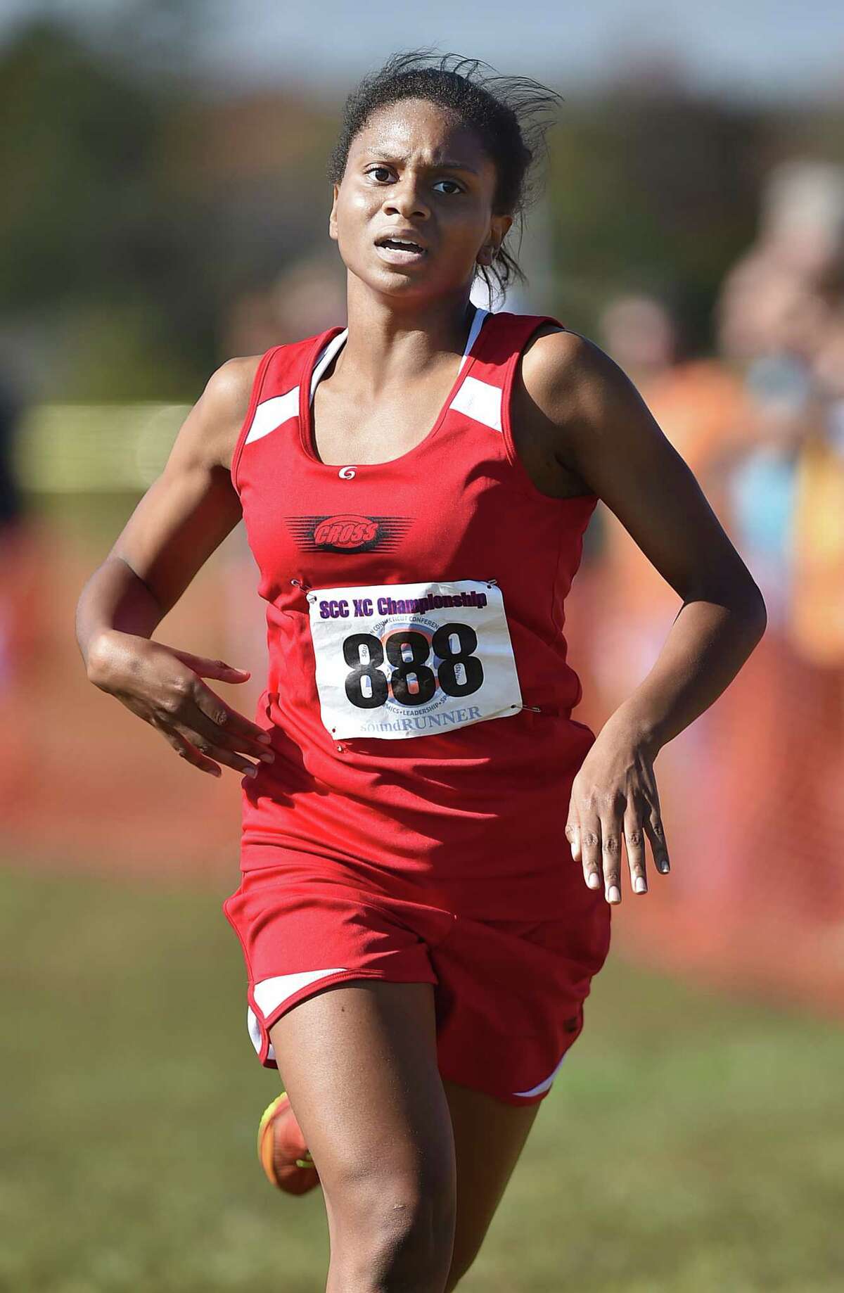 Junior Danae Rivers of Wilbur Cross finished in second place Friday at the SCC Cross Country Championships. Photo by Catherine Avalone/Register