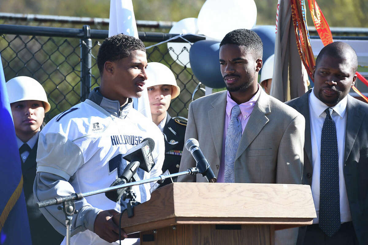 Hillhouse’s Corey Maddox (left) speaks during the ceremonial groundbreaking at Bowen Field (Photo Arnold Gold Register)