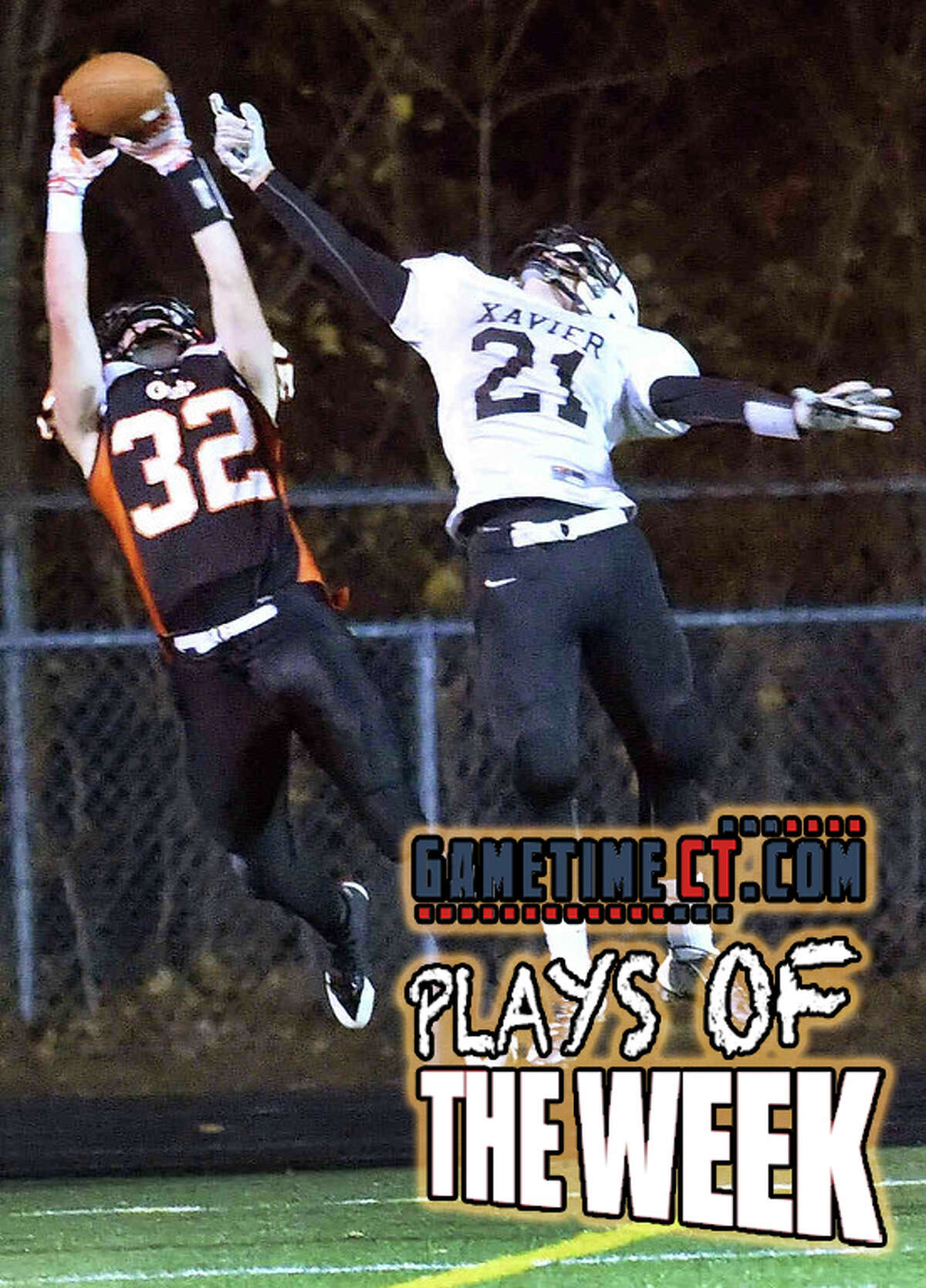 Alex Kirk catches a touchdown pass from Mark Piccirillo in Shelton’s 28-20 victory over Xavier. This and a host of other great moments can bee seen on the GameTimeCT.com Plays of the Week.