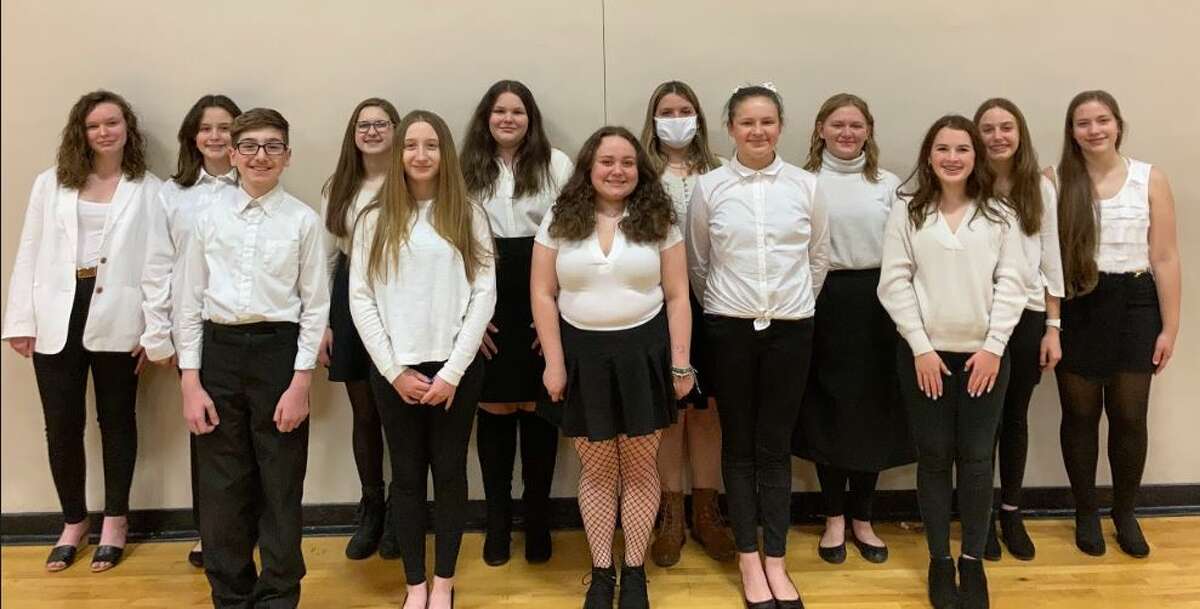 Triad Middle School Choral Department ILMEA All-District participants. From left to right (front row) Ian Evans, Emily Hinkle, Josie Thomas-Voegele, Darcy Maguire, Brooklyn Pace (back row) Joselyn Funkhouser, Leila Dailey, Haley Smith, Anison Funkhouser, Nora Daugherty, Isabella Tonn, Megan Kitchen, Katie Hellrung. 