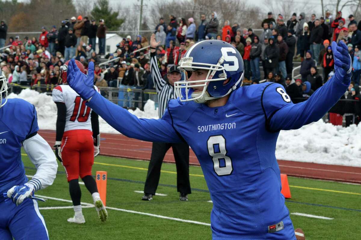 Southington’s Austin Morin celebrates his touchdown catch in the second quarter of the 44-7 victory over Cheshire (Photo Peter Paguaga)
