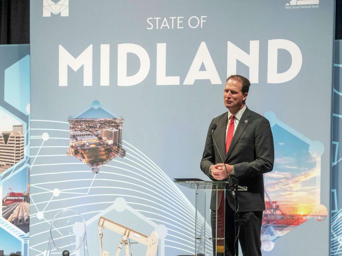 Representative August Pfluger speaks during the Chamber of Commerce 2022 State of Midland luncheon at the Horseshoe. Reporter-Telegram file photo