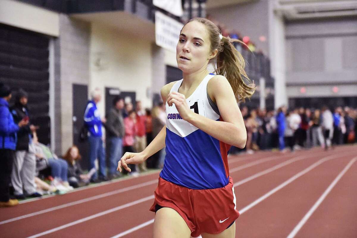 Jessica Drop won the 1000mm in 2:55.10, an unofficial meet record in the CIAC Class S Indoor Track and Field Championships, Thursday. (Photographs by Catherine Avalone/New Haven Register)
