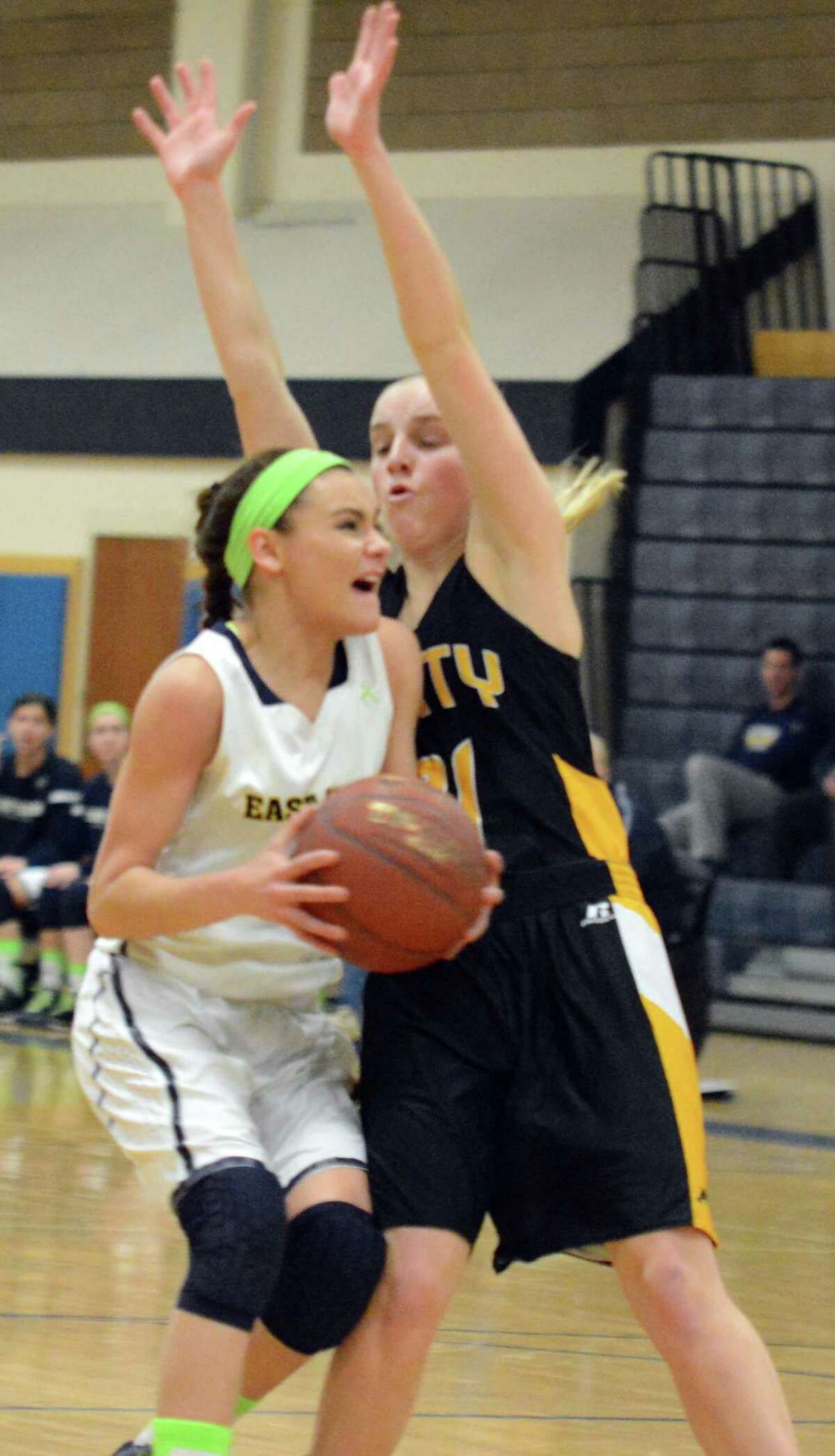 Amity’s Emma Gehr defends East Haven’s Cailey Korwek during the first round of the SCC tournament at East Haven (Photo by Dave Phillips)
