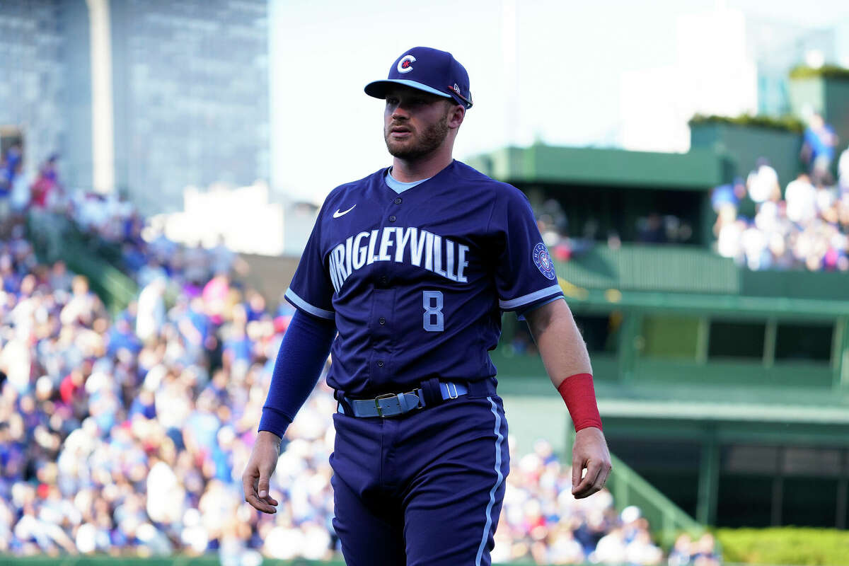 Ian Happ of the Chicago Cubs plays against the St. Louis Cardinals at Wrigley Field on June 12, 2021 in Chicago, Illinois. The Chicago Cubs debuted their Wrigleyville City Connect Uniforms in 2021.