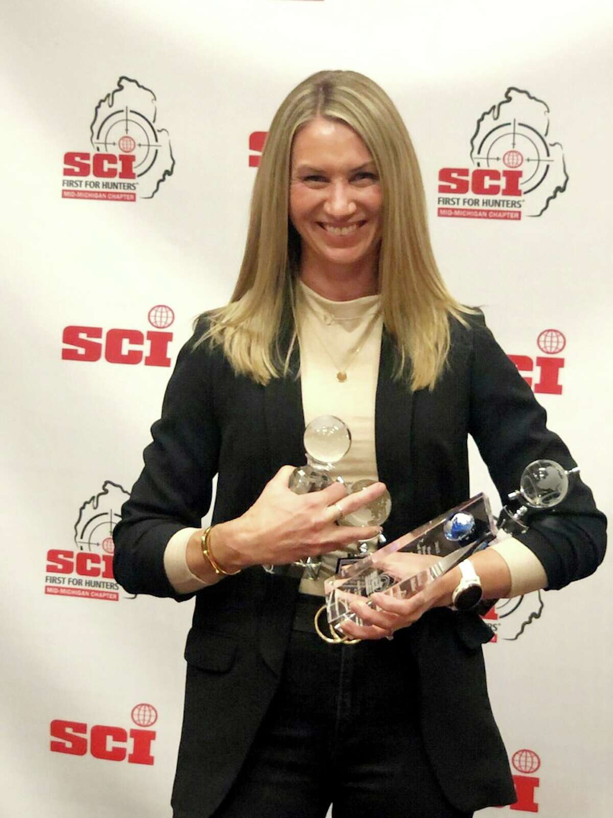 Fourth grade Riverview Elementary teacher Rachel Stickler recently won four awards from Safari Club International this year: Women's Hunter of the Year, Bow Hunter of the Year, second place White Tail Midwest and third place Dall Sheep. 