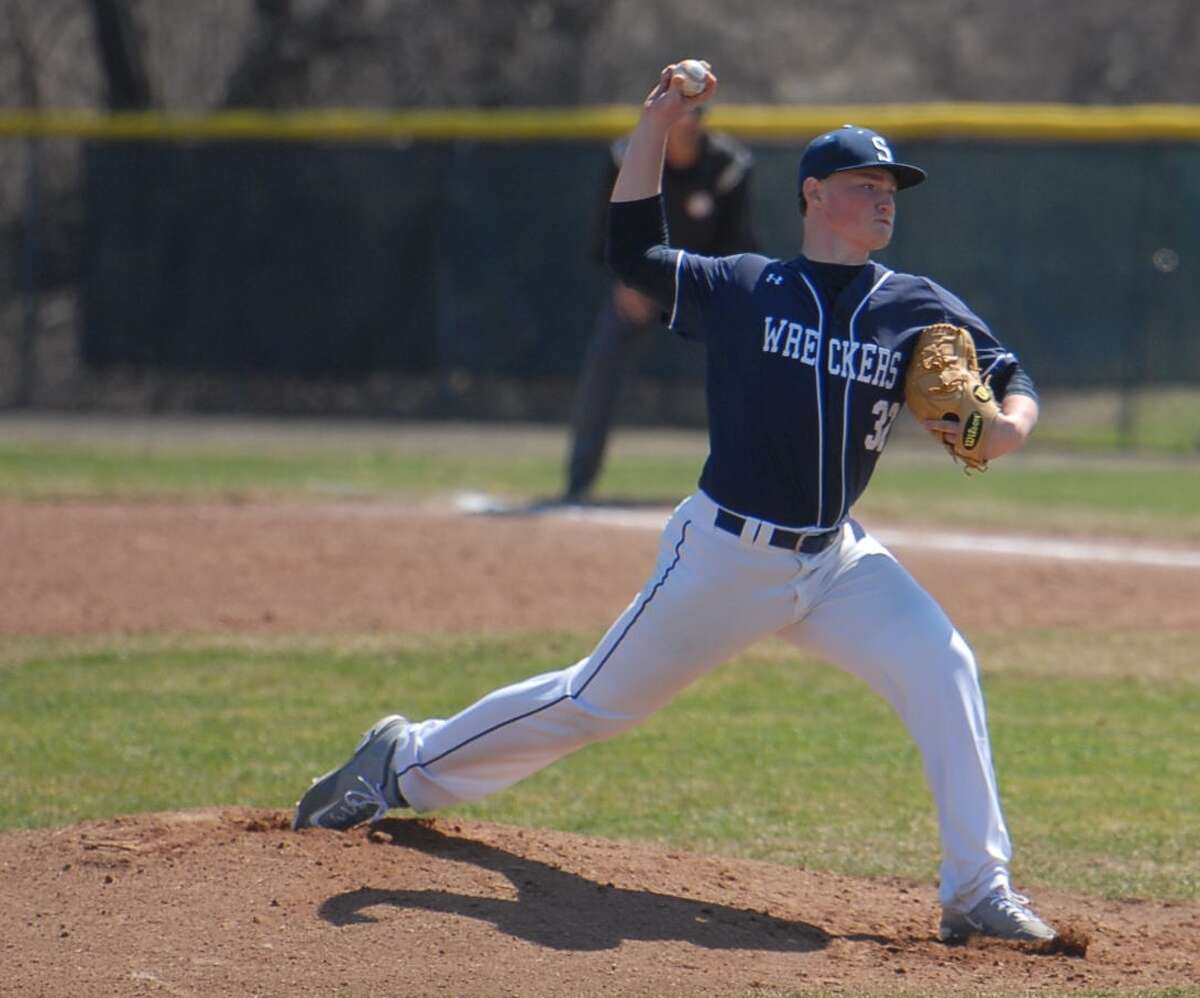 Staples Ian Burns threw five innings, striking out six in a 12-0 win over Ludlowe. Photo by Mary Albl
