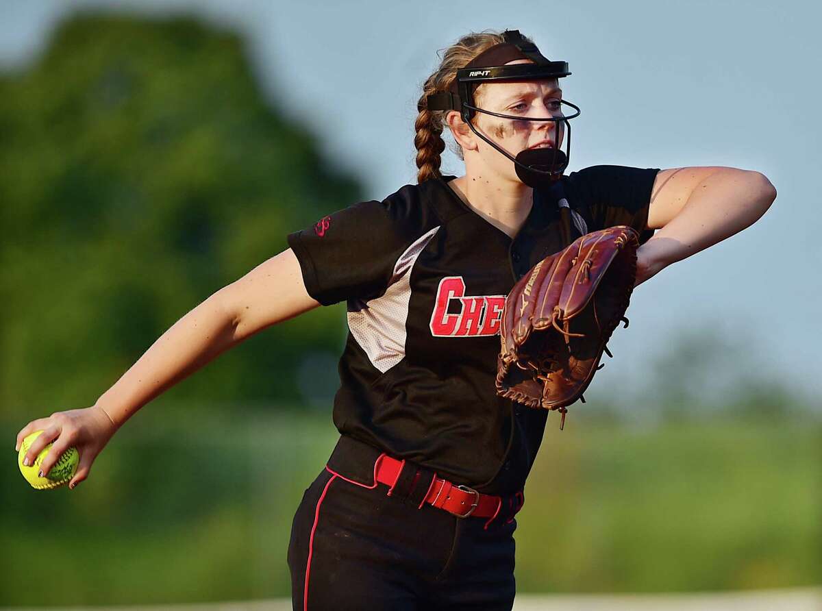 Cheshire’s MacKenzie Juodatis on the mound in a 4-0 win over the Darien Blue Wave in the CIAC State Softball Tournament Class LL Semifinals, Wednesday, June 10, 2015, at at DeLuca Field in Stratford. (Catherine Avalone/New Haven Register)