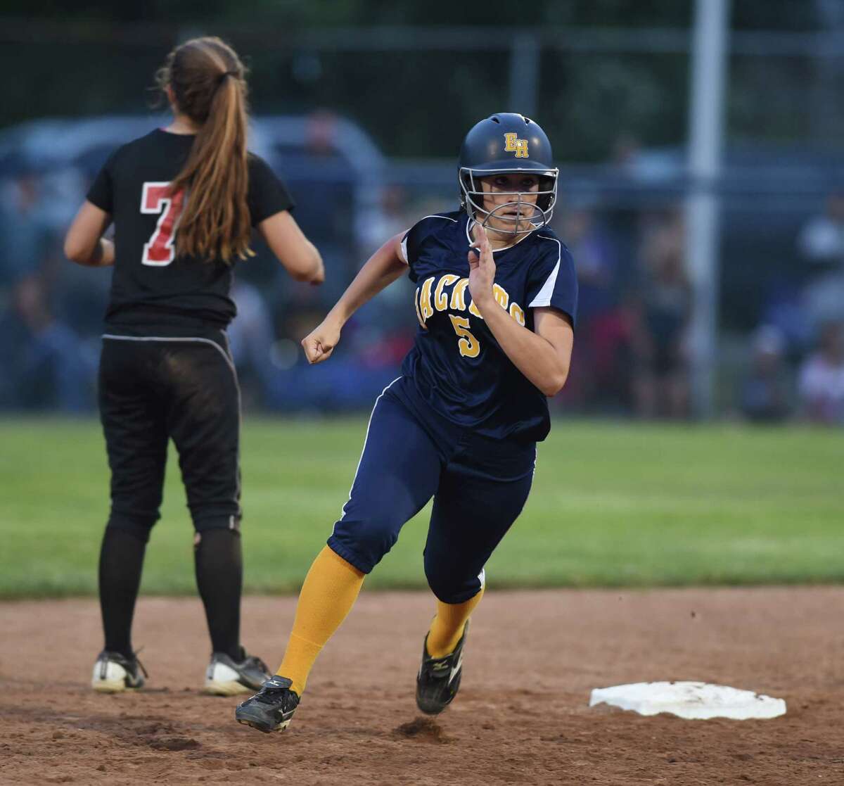Alyssa Barcomb runs for third during East Haven’d Class L State Softball Championship on 6/12/2015. Photo by Arnold Gold/New Haven Register