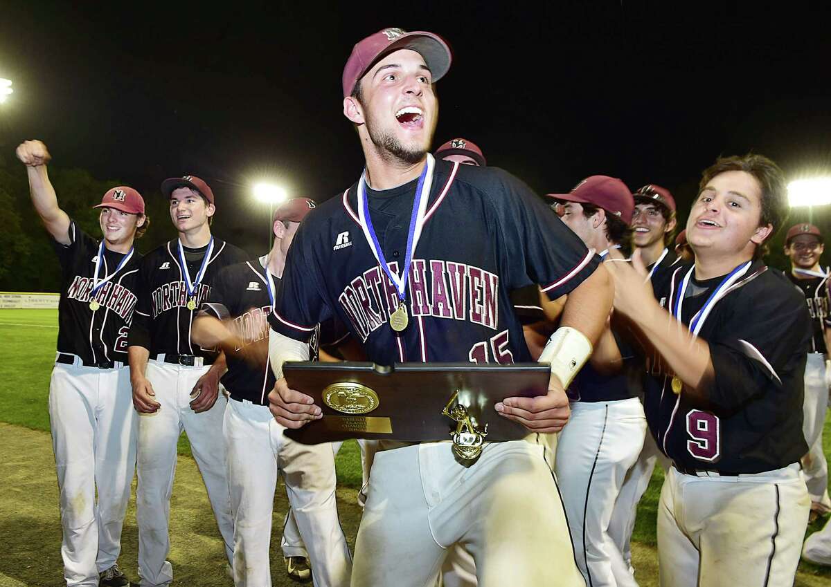 North Haven catcher Nick Proto celebrates after defeating the East Lyme Vikings, 3-2, in the Class L state championship game, Saturday night, June 13, 2015 at Palmer Field in Middletown. (Catherine Avalone/New Haven Register)