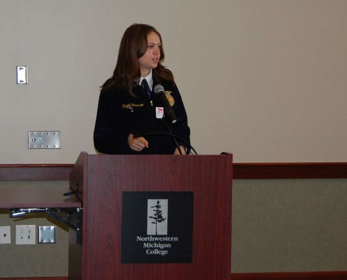 Elk Rapids High School junior Abigail Petersen speaks during the annual meeting of the program advisory committees for Northwest Education Services Career Tech April 20, 2022. 