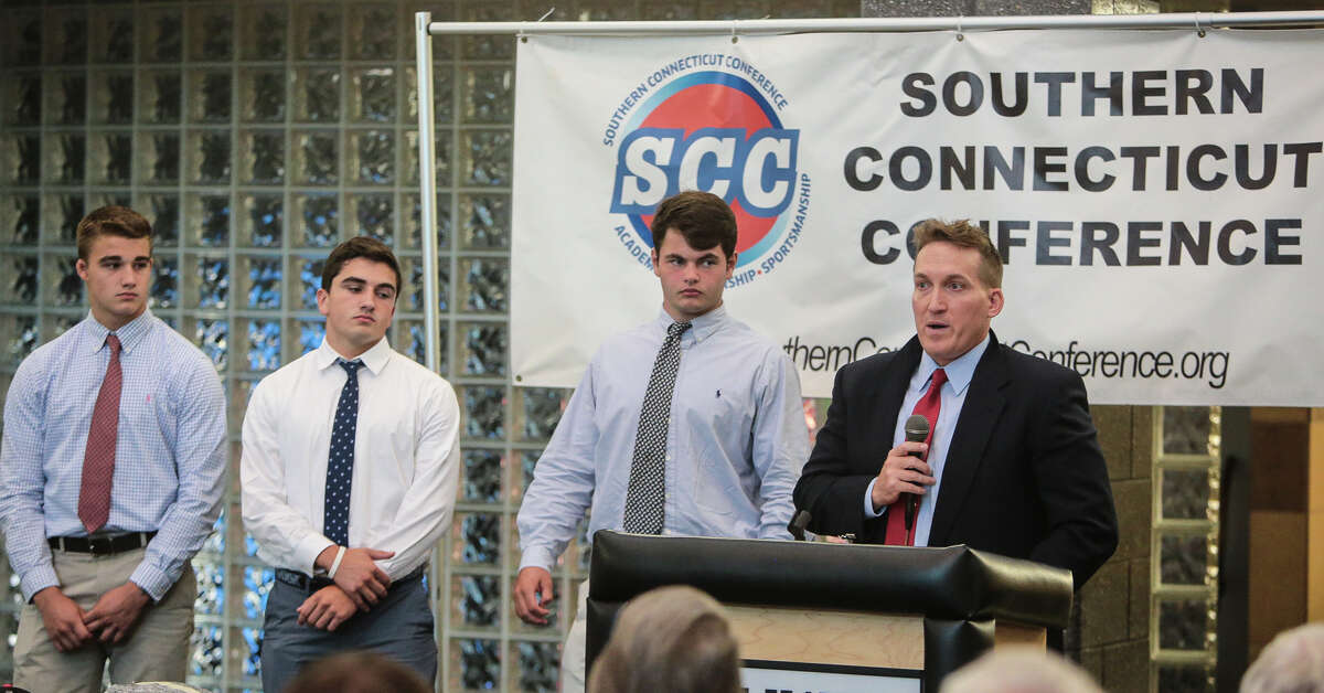 First-year Fairfield Prep coach Keith Hellstern (right) addresses the attendees at SCC Media Night Aug. 16. (Photo John Vanacore)