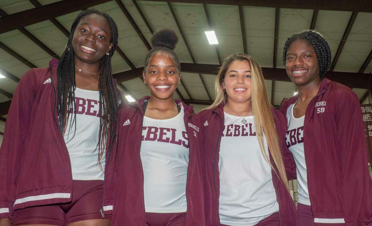 Legacy High seniors, Loredana Fouonji, Myleah Young, Yani Flores and Christallynn Tate all helped the Lady Rebels win 2nd place in District 2-6A track and field meet. 04/20/2022 Tim Fischer/Reporter-Telegram