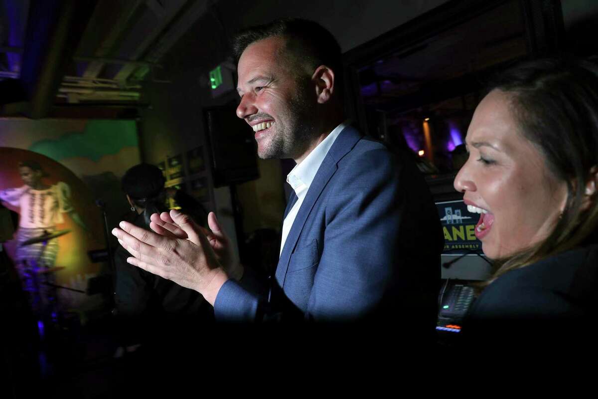 San Francisco Supervisor Matt Haney, a candidate in the Assembly District 17 race, celebrates his victory during an election night gathering at Victory Hall in San Francisco, on Tuesday, April 19, 2022. (Scott Strazzante/San Francisco Chronicle via AP)