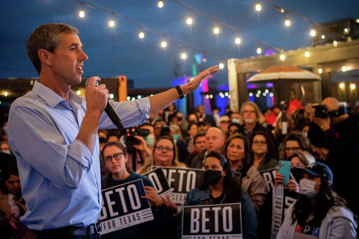 Texas Democratic gubernatorial candidate Beto O'Rourke speaks during a campaign rally on Feb. 15, 2022, in Houston.