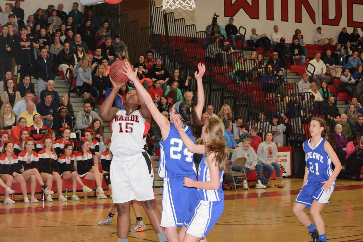 Warde’s Shania Osborne takes a shot during the Class LL girls basketball second round game vs. Ludlowe. (Photo Andy Huchinson)