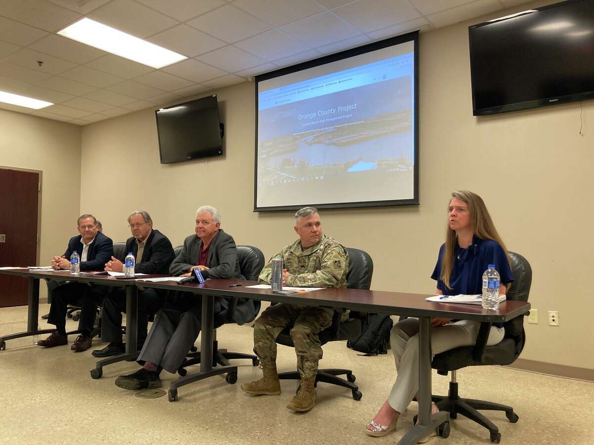 Representatives from the U.S. Army Corps of Engineers, the Orange County Drainage District, the Gulf Coast Protection District, and Orange County Judge John Gothia met with media outlets to discuss the Sabine Pass to Galveston Bay coastal storm risk management program.