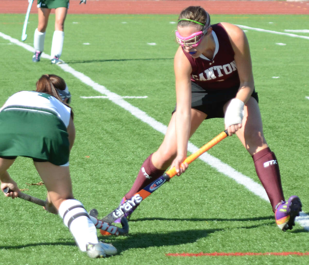 Canton’s Emily Chouinard (9) battles Enfield’s Jenna Clauette in Monday’s game in Enfield.