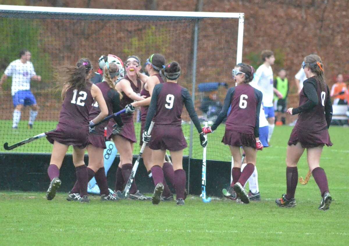 Granby’s Olivia Johnson celebrates with her teammates after scoring the lone goal in the Bears 1-0 win over Nonnewaug.