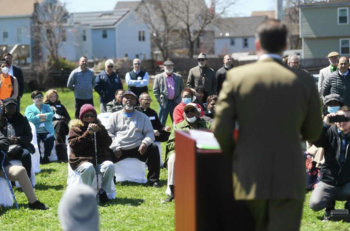 Rep. Jim Himes announces $1 million in federal funding for the construction of a hydroponic farm and community outreach center for members of the East End community at the former Mount Trashmore site on Central Avenue in Bridgeport, Conn., on Wednesday, April 19, 2022.