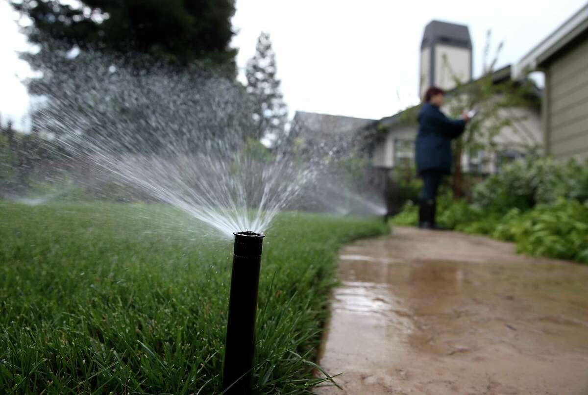 An East Bay Municipal Utility District water conservation technician inspects a sprinkler system as she performs a water audit of a home in Walnut Creek in 2015. The district is considering mandatory caps on household use.
