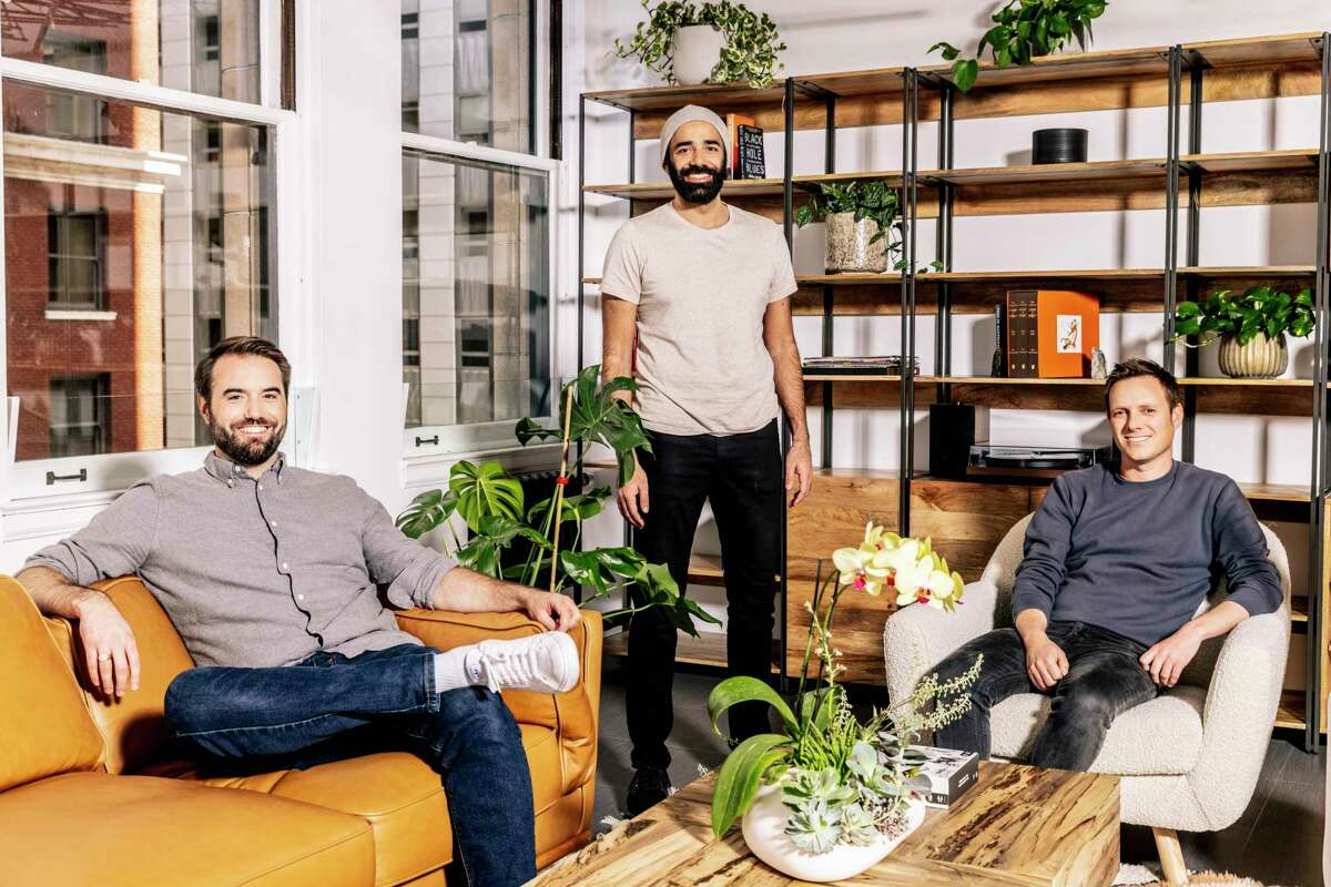 Substack founders Chris Best (left), Jairaj Sethi and Hamish McKenzie in the company’s San Francisco office.