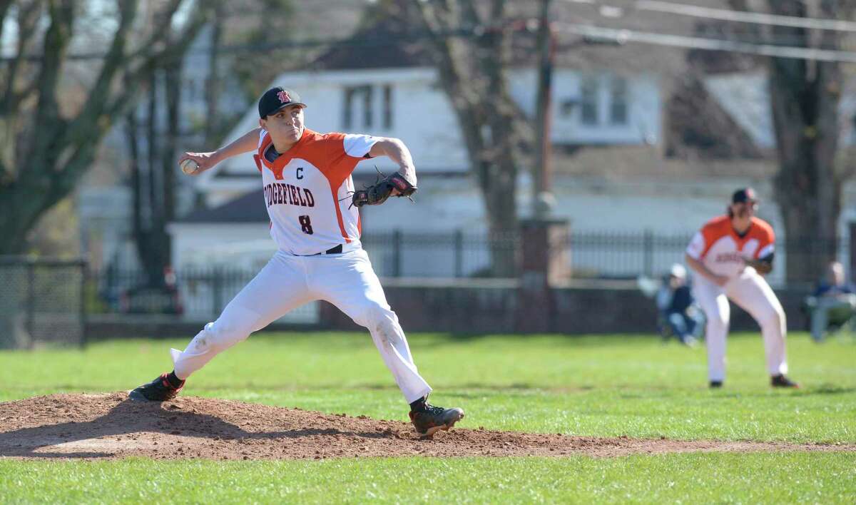 Ridgefield’s Andrew Castelluccio pitches against Fairfield Warde on Wednesday at Governor Park in Ridgefield.