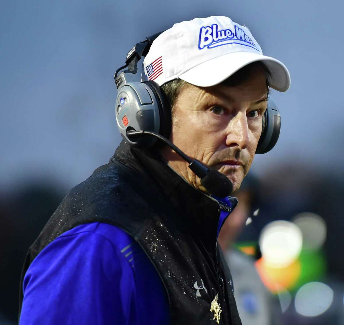 Darien head coach Rob Trifone looks down the sidelines as the Wave defeats the Shelton Gaels, 39-7, for the Class LL state football championship, Saturday, December 12, 2015, at New Britain Stadium at Willowbrook Park in New Britain. (Catherine Avalone/New Haven Register)