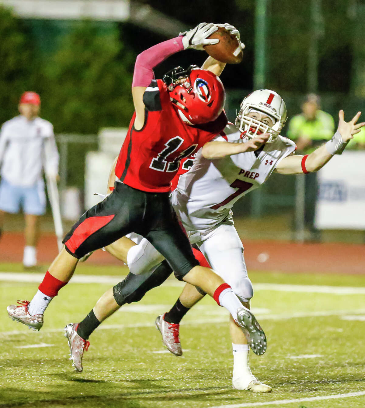 Cheshire Ram defender Josh Frenkel(11) intercepts a late first half pass intended for Fairfield Prep’s Drew Mcavey during the Rams 10-0 win over the Jesuits Friday evening. John Vanacore/New Haven Register