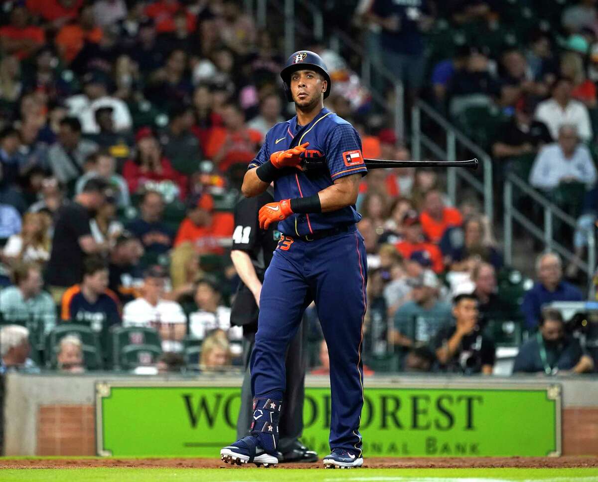 Houston Astros Michael Brantley (23) reacts after striking out against Los Angeles Angels starting pitcher Shohei Ohtani (17) during the fourth inning of an MLB baseball game at Minute Maid Park on Wednesday, April 20, 2022 in Houston.