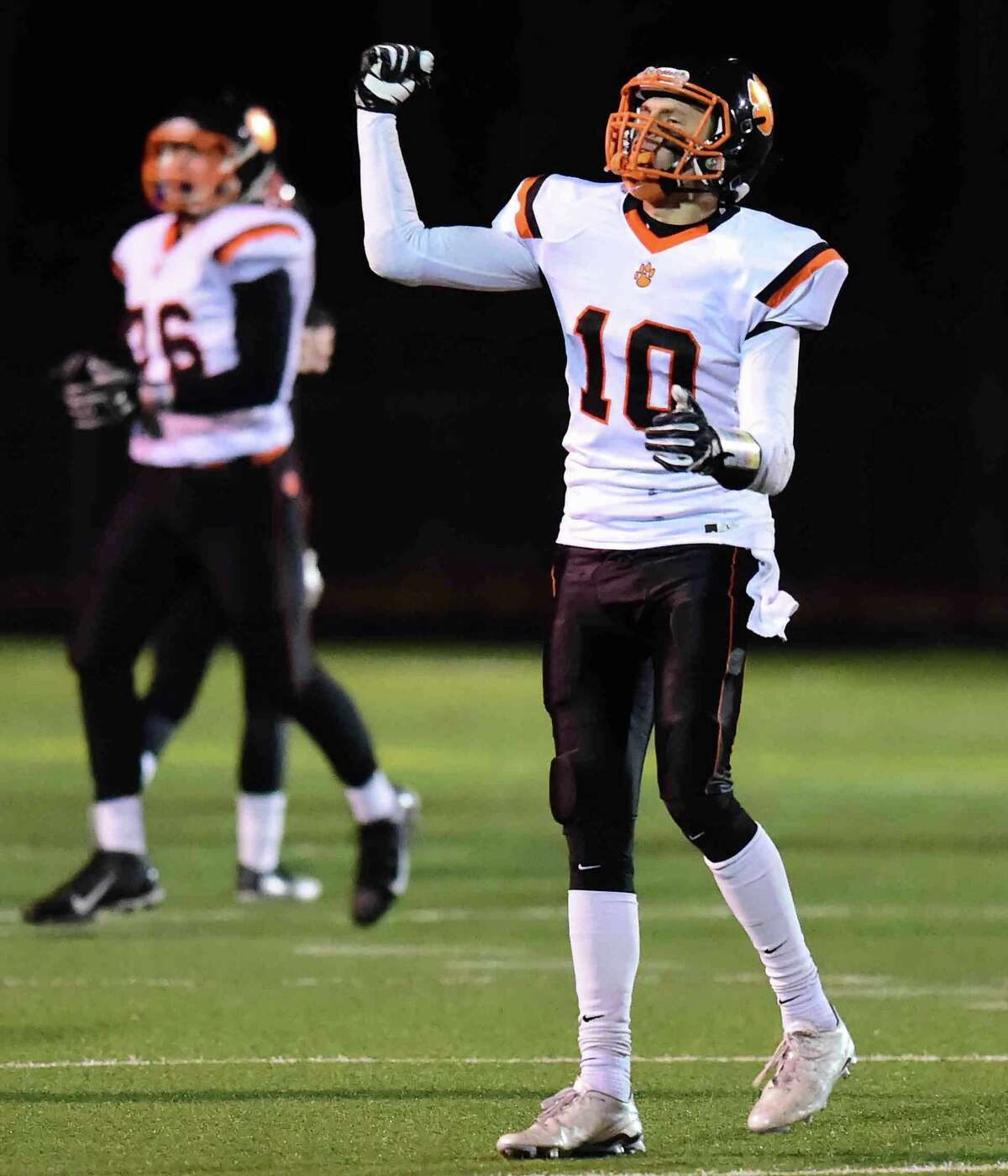 (Peter Hvizdak – New Haven Register) Ridgefield’s Chris Longo celebrates during his team’s Class LL semifinal victory over Shelton. Ridgefield and the FCIAC have brought an unprecedented four state finalists in a four-championship format to championship Saturday and can win three titles for the first time since the SCC in 2012.