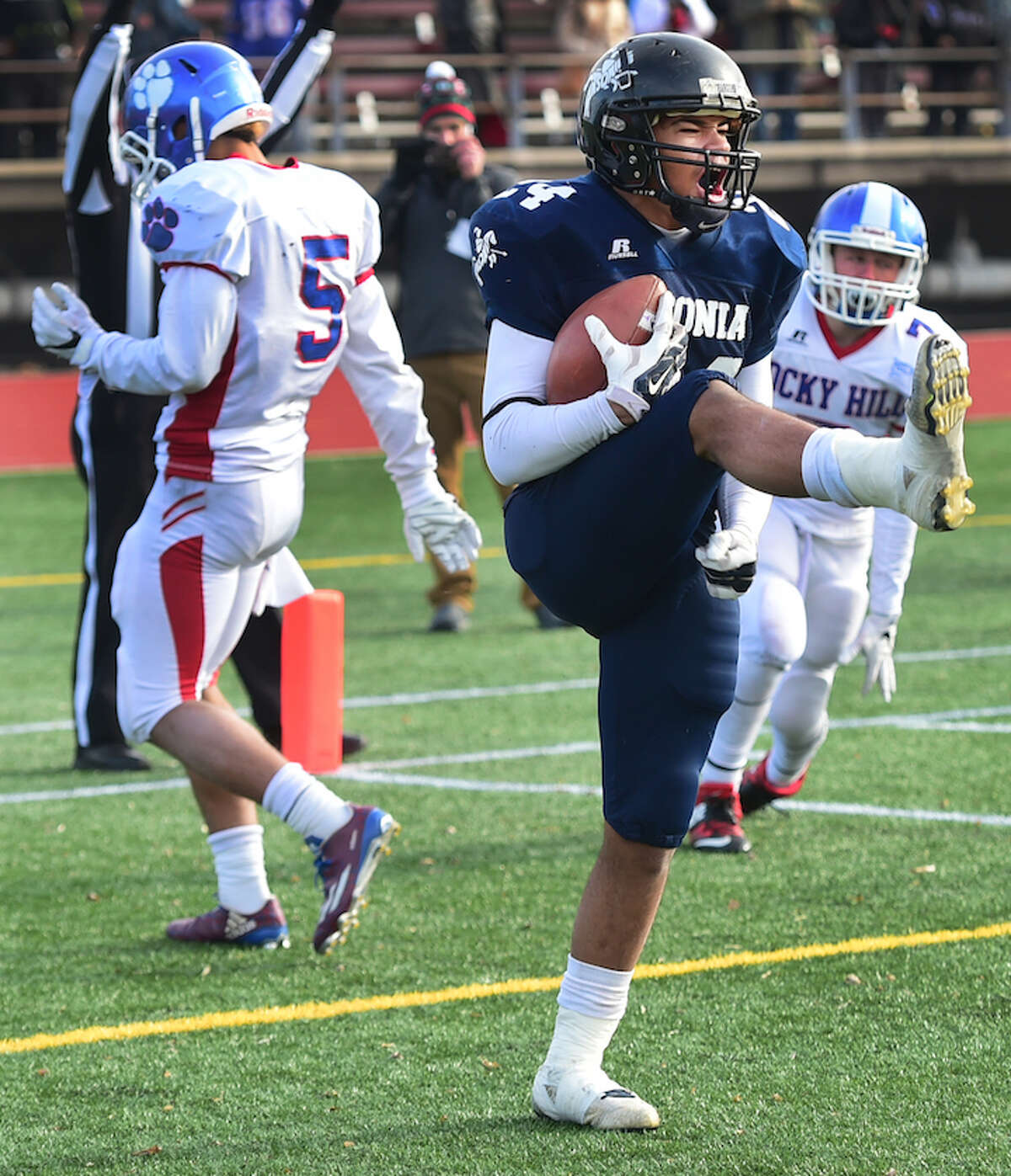 Ansonia’s Jake Butler celebrates a fourth quarter 20-yard touchdown pass reception for a go-ahead touchdown as it defeats Rocky Hill 28-21 for its 20th state football championship  Saturday, December 10, 2016 at New Britain Stadium in New Britain, Connecticut. (Peter Hvizdak – New Haven Register)