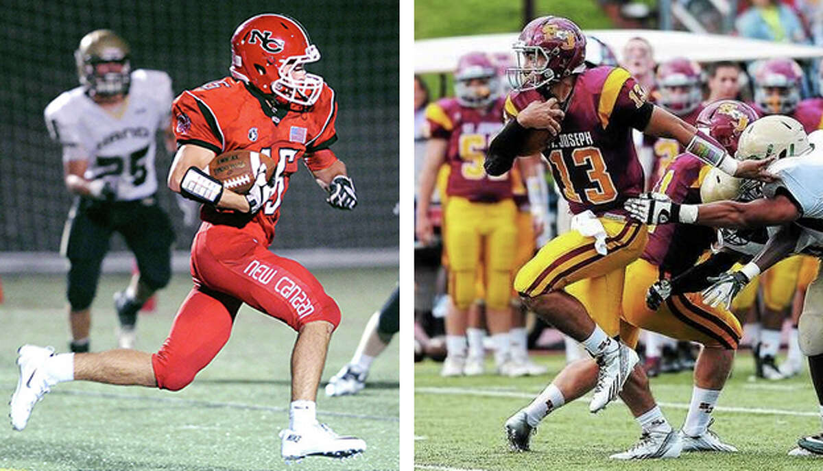 Second verse, same as the first: Friday’s FCIAC final pits New Canaan vs. St. Joseph. New Canaan QB Nick Cascione (left) is questionable due to a concussion. At right is St. Joseph QB Jordan Vazzano