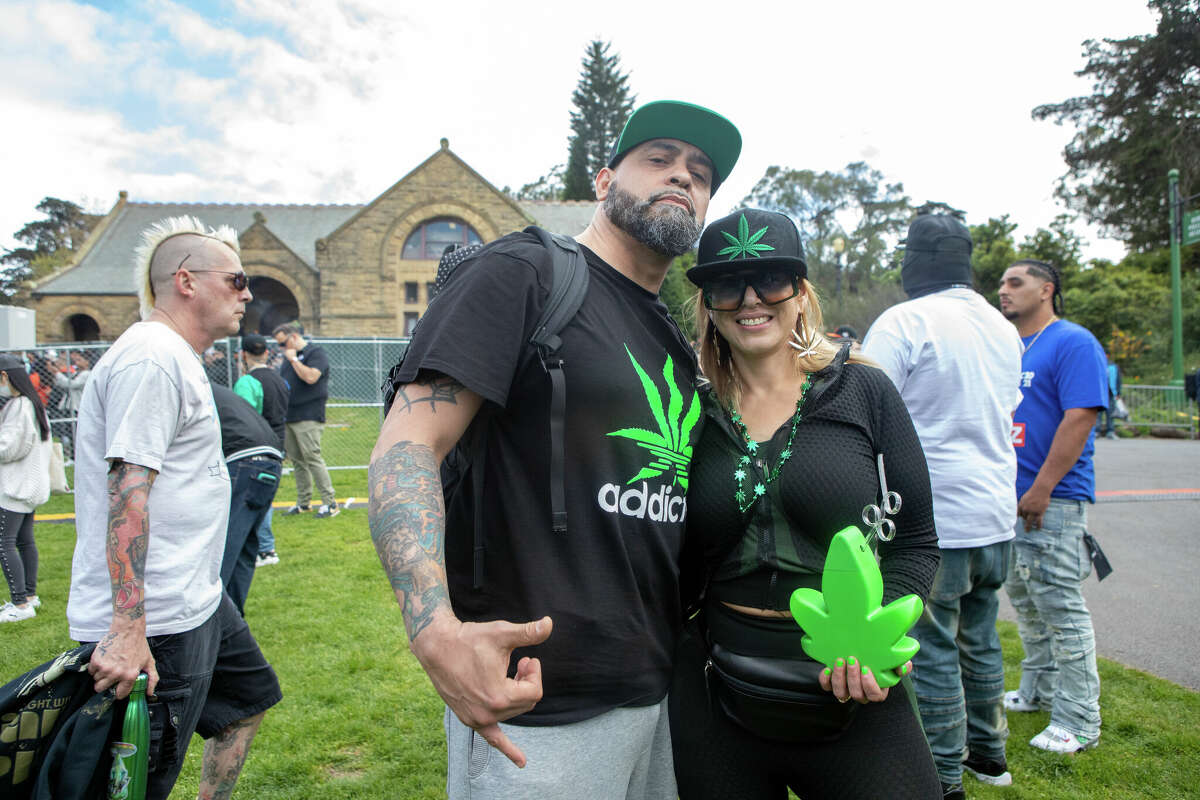 (Left to right) Slick R and Isabel NYC at the 420 Hippie Hill event in Golden Gate Park in San Francisco, Calif.  on April 20, 2022.