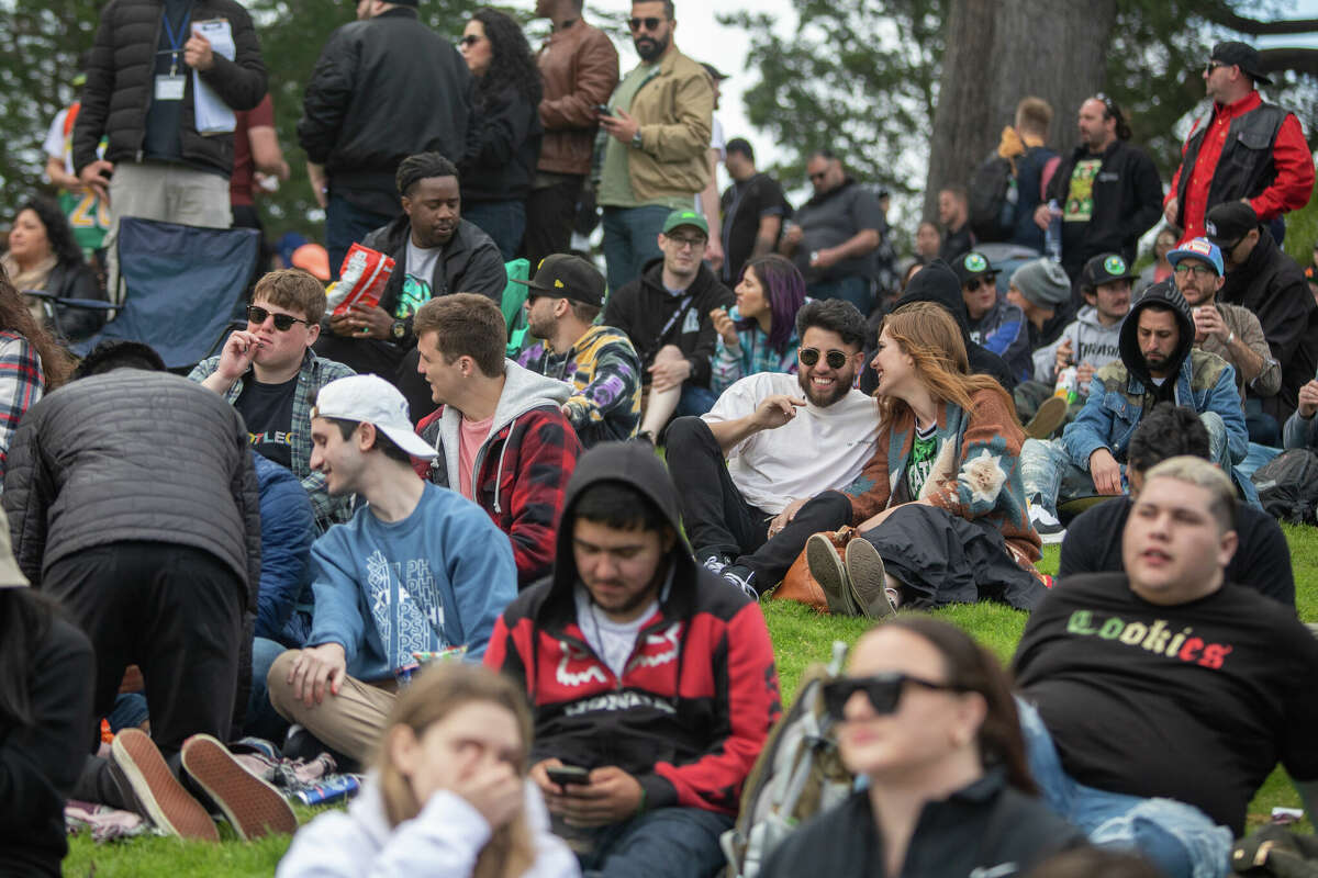 People pack hippie hill to smoke out at the 420 Hippie Hill event in Golden Gate Park in San Francisco, Calif.  on April 20, 2022.
